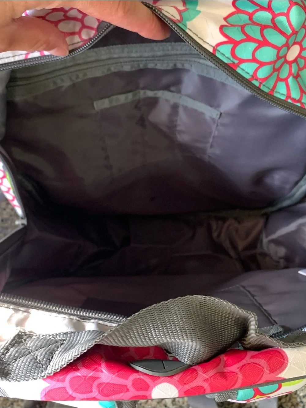 Thirty-One Backpack Bubble Bloom floral pattern with pink, green and turquoise